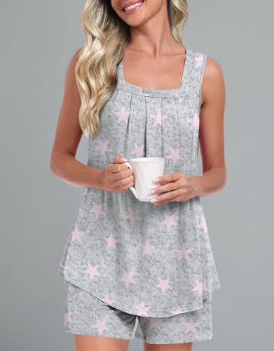 Image of LONGYUAN Womens Sleeveless Pajama Set Soft Summer Lounge Shorts Tank Top Sleepwear with Pockets 2 Piece Set M-3XL