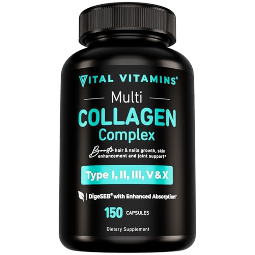 Vital Vitamins Multi Collagen for Women & Men - Type I, II, III, V, X - Grass Fed, Non-GMO - 150 Capsules