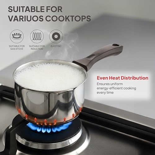 Image of CELLO Galaxy Steelox Stainless Steel Set of 3 Pieces Cookware Set Combo for Kitchen | Kadhai with Glass Lid 22CM + Milk Pan 14CM + Fry Pan 22CM Gas Stove Compatible Cookware for Daily Use & Gifting
