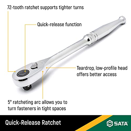 Sata 1/2-Inch Drive Quick-Release 72-Tooth Ratchet With An Teardrop Head, Full-Polished Chrome Finish - St13971U #TOP1
