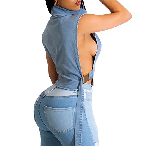 Women Denim Cropped Jacket Summer Fashion Sleeveless Vest Casual Lace-Up Jean Jacket with Buckles Outdoor Clothes3