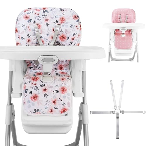 Image of Baby High Chair Cover Replacement, Reversible & Waterproof High Chair Cushion Pad Home & Restaurant use, Includes 5-Point Harness Strap, Chair Not Included - Pink