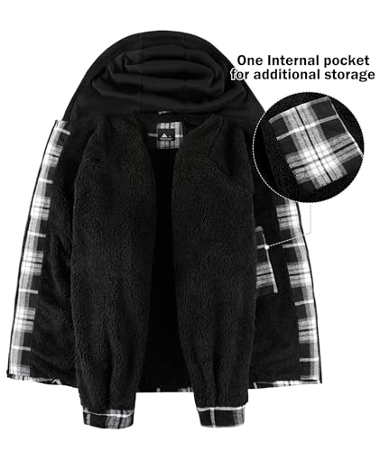 Image of V VALANCH Men's Flannel Shirt Jacket with Hood Fleece Lined Plaid Jacket Zip Up Winter Warm Coat