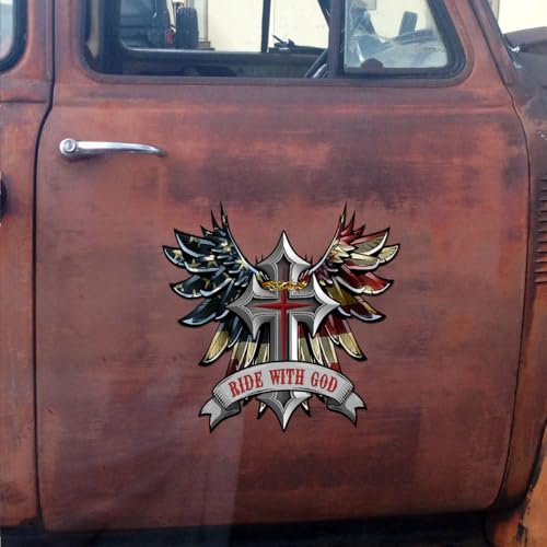 Image of Premium Ride with God Wings and Cross Helmet Sticker Decal - Motorcycle Tank, Tool Box, Bumper Vinyl for Car, Truck - Weatherproof, Durable Christian Faith Vinyl Decal (9 x 9 inches)