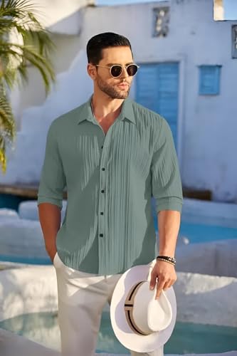 Image of Men's Casual Button Down Shirts Long Sleeve Linen Shirt Fashion Textured Beach Summer Shirt