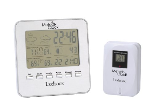 Lexibook, Wetterstation MeteoClock Silver, Wasserdichter Außensensor, Mondphasen-, Alarm- und Schlummerfunktion, Batteriebetrieben, Weiß/Mehrfarbig, SM940