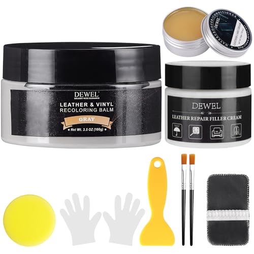 DEWEL Kit de Reparación de Cuero Renovador de Color de Cuero 100g Kit de Reparación Gris con 50g de Crema Reparadora 50g de Grasa Selladora,para Chaqueta de Coche Ropa de Moto Cuidado del Cuero