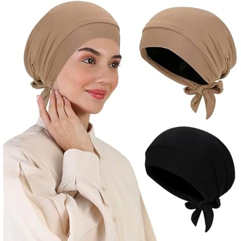 XEPST 2 PCS Hijab Undercap for Women, Islamic Muslim Under Hijab Cap Satin Lined Undercap Tie Back Bonnet Inner Head Scarf Head Wraps Hair Turbans for Women Chemo Headwear Sleep Cap, Black+Khaki Cover