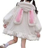 XELNOL Bunny Ear Hoodie Women Kawaii Fluffy Cute Rabbit Sweatshirt Tops Coats Plush and Thickened (M,White)