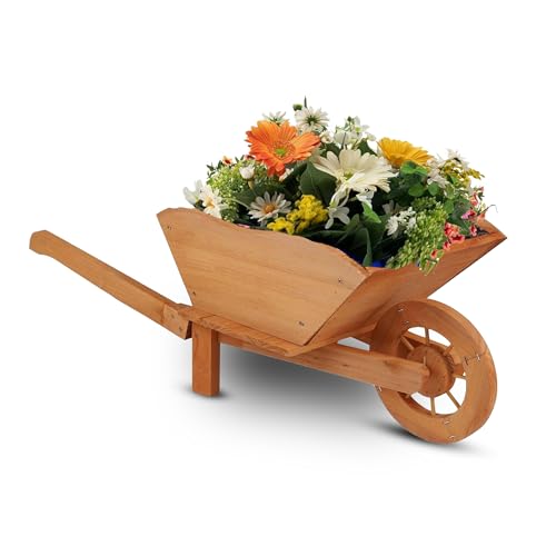 KHAPALWAK Large Wooden Wheelbarrow Planter – Rustic Outdoor Garden Display Trough for Flowers & Plants Raised Wooden Decorative Patio Planter for Yard Balcony or Landscaping Décor