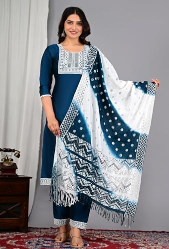 Image of Women's Silk Embroidered Kurta with Pant and Dupatta Set, Straight Style