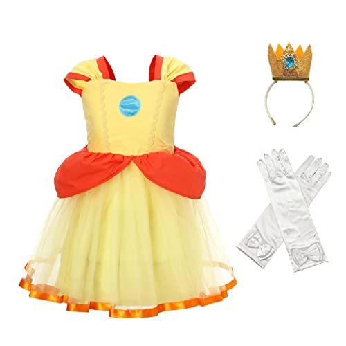 Lito Angels Princess Daisy Fancy Dress Up Costume with Crown and Gloves for Kids Girls Age 5-6 Years, Yellow (Tag Number 140)