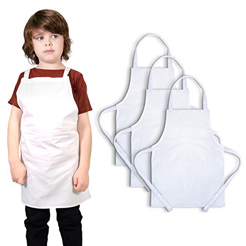Twinklebelle Childrens Aprons for Cooking Pure Cotton White Bibs to Decorate Paint Play L 8-14 Years 3-pc Pack