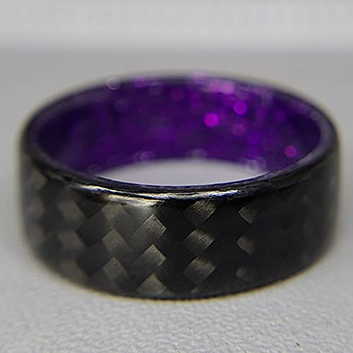 Men's Or Women's 100% Carbon Fiber Twill Ring With Purple Sparkle Interior - Handcrafted -Lightweight - Black Band With Purple Sparkle Interior - Custom Band Widths #TOP3