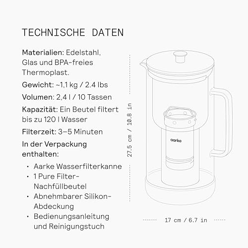 Aarke Purifier Wasserfilterkanne 1,2 L / 5 Tassen Glas & Edelstahl – inklusive Pure Filter-Nachfüllbeutel