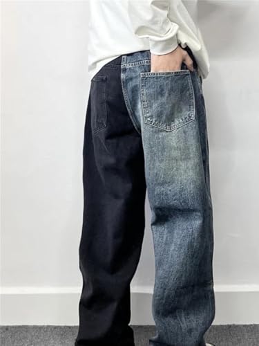 Men’S Trendy Hip Hop Loose Wide Leg Cargo Pants Button Fly High Waist Distressed Splicing Contrast Full Length Jeans2