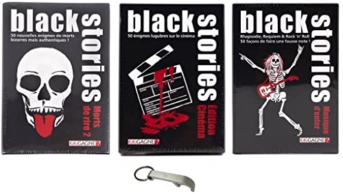 Lot de 3 Jeux Black Stories : Morts de Rire 2 + Edition Cinéma + Musique d'enfer + 1 Décapsuleur Blumie