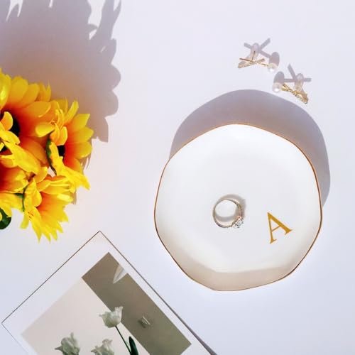 Image of Ceramic Jewelry Tray Initial Ring Dish Personalized A-Monogrammed Engagement Wedding Gifts, for Birthday Mother's Day Christmas for Women, Ceramic White 4.75 inch (A)