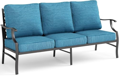 SUNSHINE VALLEY Metal Patio Furniture Sofa with 5.75" Extra Thick Waterproof Cushion, 3-Seater Deep Seating & High-Back Outdoor Couch All Weather Outdoor Seating for Backyard Deck Front Porch, Blue-2