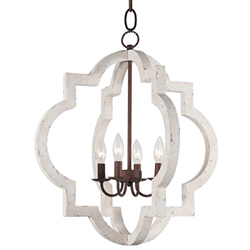 Vintage Wooden Iron Chandeliers Pendant Lamp 10360 4-Light Metal and Wood Orb Chandelier Hanging Ceiling Mount Chandelier Lamp Home Decor Light, Distressed White