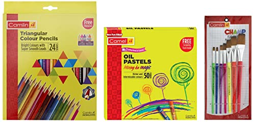 Image of Camel Oil Pastel (50 Shades) & Camlin Champ Flast Brush Set - Pack of 7 & Camlin Triangular Colour Pencil Set with Sharpener - Pack of 24 (Multicolour)