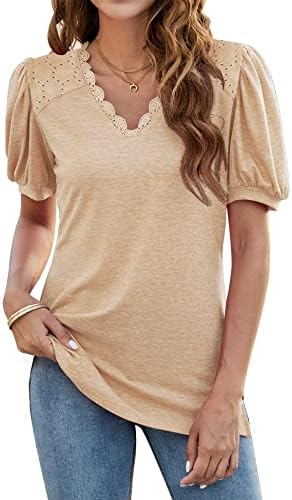 Rapbin T-Shirts Womens Casual Lace V Neck Tee Shirts Loose Puff Short Sleeve Tops Blouse 1 Rapbin T-Shirts Womens Casual Lace V Neck Tee Shirts Loose Puff Short Sleeve Tops Blouse