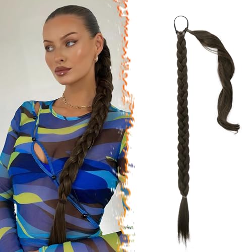 BARSDAR 26 Inch Long Braided Ponytail Extension - Straight Wrap Around Brown Braid Ponytail Hair Extensions with Hair Tie - Synthetic Pony Tails Hairpieces for Women - Brown