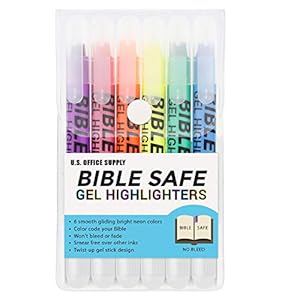 U.S. Office Supply Bible Safe Gel Highlighters, 6 Pack Set – 6 Different Bright Neon Fluorescent Highlight Colors Yellow, Orange, Pink, Purple, Green, Blue – Won’t Bleed, Fade or Smear – Study Guide