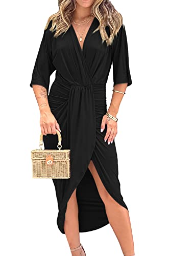 Prettygarden Women's 2023 Summer Ruched Bodycon Dress Short Sleeve Twist Front V Neck Split Wrap Midi Dresses (Black,Large) #TOP8