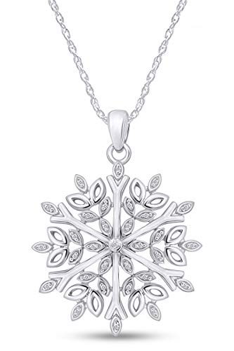 AFFY Round Shape White Natural Diamond Accent Snowflake Pendant Necklace