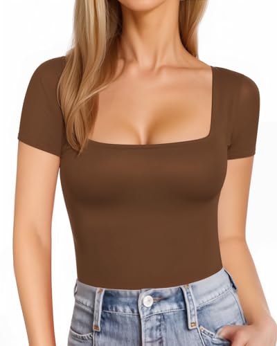 Image of MANGOPOP Womens Square Neck T Shirts Long Sleeve Short Sleeve Tops Fitted Tees