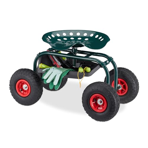 Relaxdays Asiento de Jardín con Ruedas Neumáticas, Altura Regulable, 150 kg, con Compartimento Almacenaje, Acero, Verde, Caucho, 54 x 42 x 81 cm