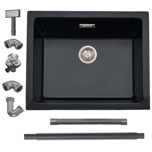 iAnomla Évier Cuisine en Quartz Noir, 50 X 45 cm, Évier Simple en Composite Encastré/Sous Plan, Évier Commercial Avec Trop-Plein, Kit de Déchets, Adapté...