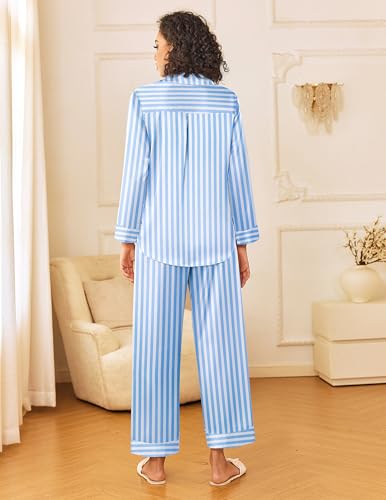 Image of Ekouaer Womens Silk Satin Pajama Sets 2 Piece Sleepwear Pjs Set Long Sleeve Button Down Top and Pants Stripe Loungewear S-XXL