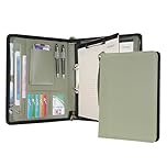 Wason A4 Portfolio with Zipper - Leather PU Padfolio with Detachable Ring Binder and Writing Notepad Holder, Conference File Multi-Pockets Organizer for Office Travel School (Green)