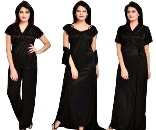 Women Nighty Lightweight Night Dress Relaxed Fit Soft Satin Fabric Comfortable Sleep Home Black Free Size-image-20