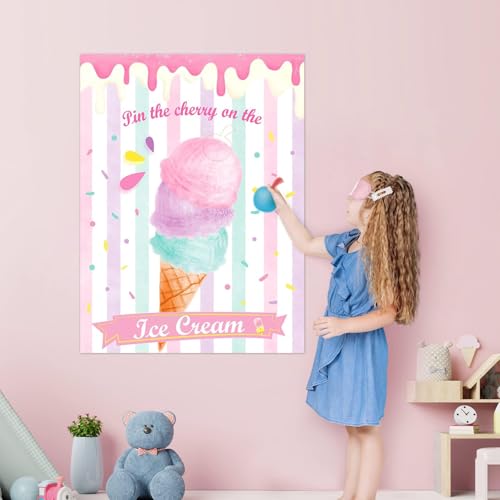 Image of WERNNSAI Pin The Cherry on The Ice Cream Game -Birthday Party Games Ice Cream Party Decorations 28'' x 21'' Poster with 24 PCS Cherry Stickers for Kids Girls Birthday Carnival Supplies | Ice Cream Party Decorations,Summer Birthday Party Games,28 inch x 21 inch Poster with 24 Stickers and Blindfold