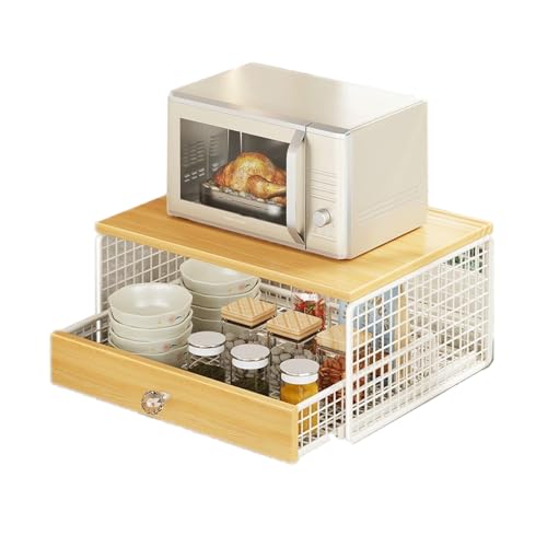 KXKJRYB Soporte para Microondas 2 Niveles con CajóN ExtraíBle Madera MarróN Antiguo Bandeja De Malla MetáLica Multifuncional para Cocina