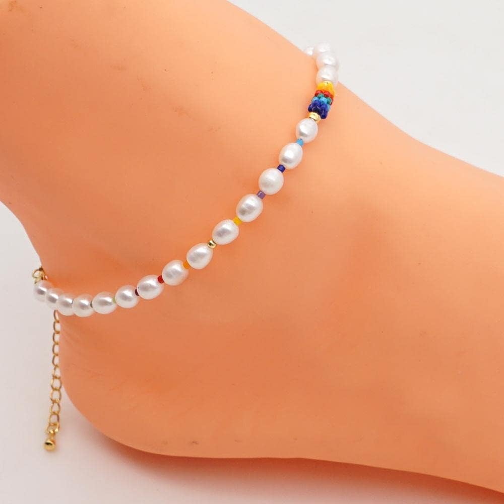 Cavigliere Bracciali Calzature estive da spiaggia Cavigliera versatile con perle naturali intrecciate con perle di riso arcobaleno