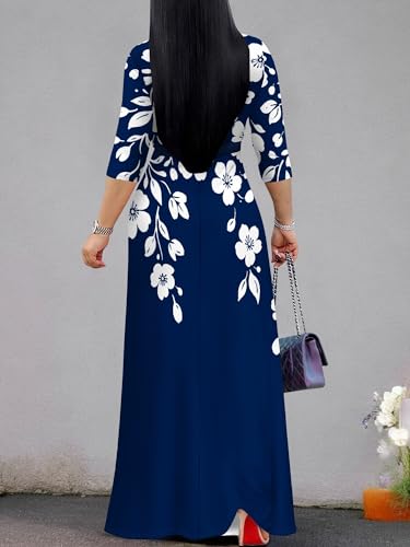 Image of SUZONANA Plus Size Dresses for Women Floral Print Maxi Dress Flowy 3 /4 Sleeve with Belt