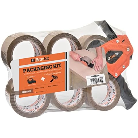 Brackit Tape with Dispenser, Brown 48mm x 66m, Pack of 6 Rolls - Strong Heavy Duty Packing Tape for Regular Use or Moving - Easily Seals Your Parcels and Boxes Cover