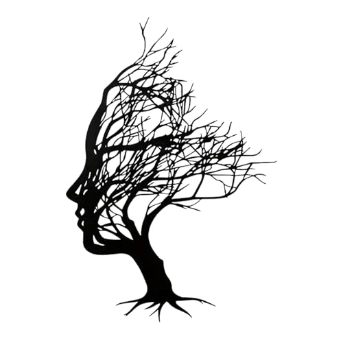 Abstract Tree Face Metal Wall Art Decor, Tree of Life Women Face Wall Hanging Sculpture, Modern Black Wall Art for Living Room, 30x21cm