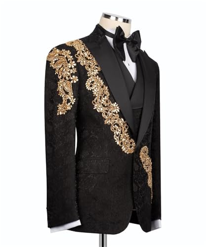 Mens Luxury Jacquard 3 Pieces Suit with Rhinestone Slim Fit Peaked Lapel Blazer Jacket Vest Pants Set for Prom,Party2