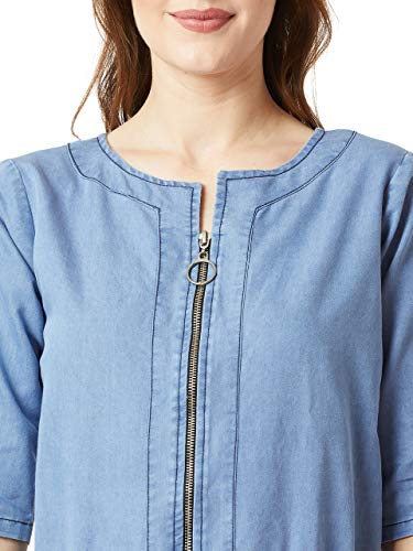 Image of Miss Chase Women's Polo Neck Rolled Up Full Sleeve Denim Solid Buttoned A-Line Mini Dress
