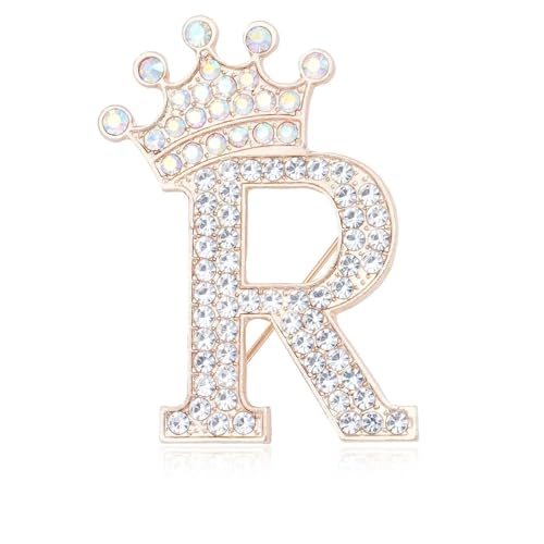 Image of Initial Letter Brooch Pins with Crown for Women Girls Men Boys Personalized Name Brooches Crafts Colorful Rhinestone Brooch Pins Gold A-Z