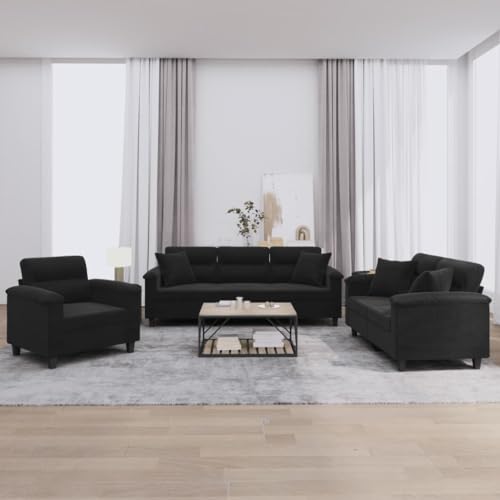 vidaXL Sofagarnitur 3-TLG., Sessel Couch mit Kissen, Sofa Wohnzimmersofa mit Armlehnen, Couchgarnitur Designsofa Sitzmöbel Polstermöbel, Schwarz Mikrofasergewebe – Bild 3