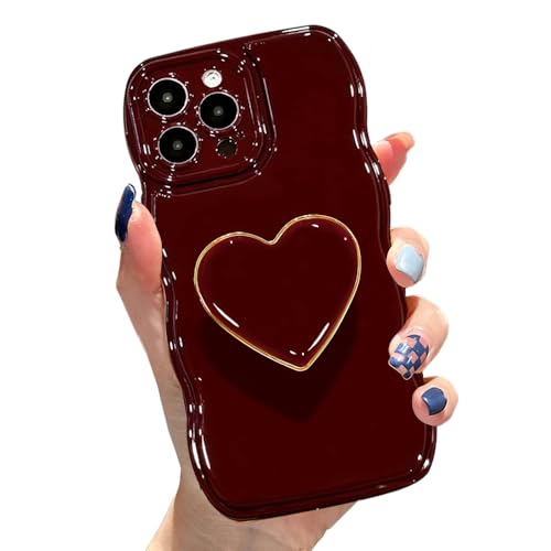Cute Case for iPhone 14 Pro Max 6.7'', Wine Red Soft TPU Shape Shockproof Protective Cover with Stand, Luxury Bumper Wave Frame Curly Shape Love Heart Holder Kickstand Phone Case for Girls Women