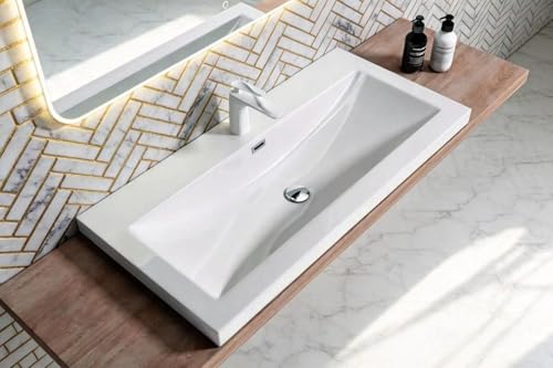 Durovin Bathrooms Luxurious Stone Resin Bathroom Basin - Self Rimming Drop in Sink - Semi Recessed - One Tap Hole with Overflow (1000 x 480mm)