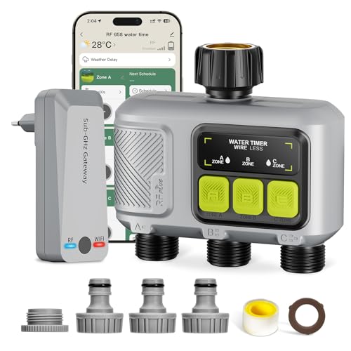 Xtsuen WLAN Bewässerungscomputer mit 2 Ausgängen, Smarte Bewässerungsuhr Set (300m Reichweite RF), App/Sprachsteuerung, Regenverzögerung, Automatische Gartenbewässerung für Rasen, Garten,Balkon