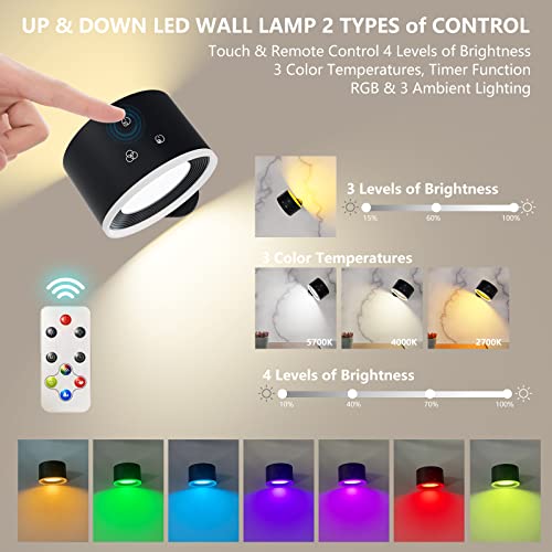 Deyagoo Up&Down Light Source Led Wall Sconce, Wall Mounted Lamps With Battery Operated, 4 Color Temp, Dimming, Rgb&Ambience Lights, Removable Charging, Touch&Remote Control, Light For Reading Bedside #TOP1